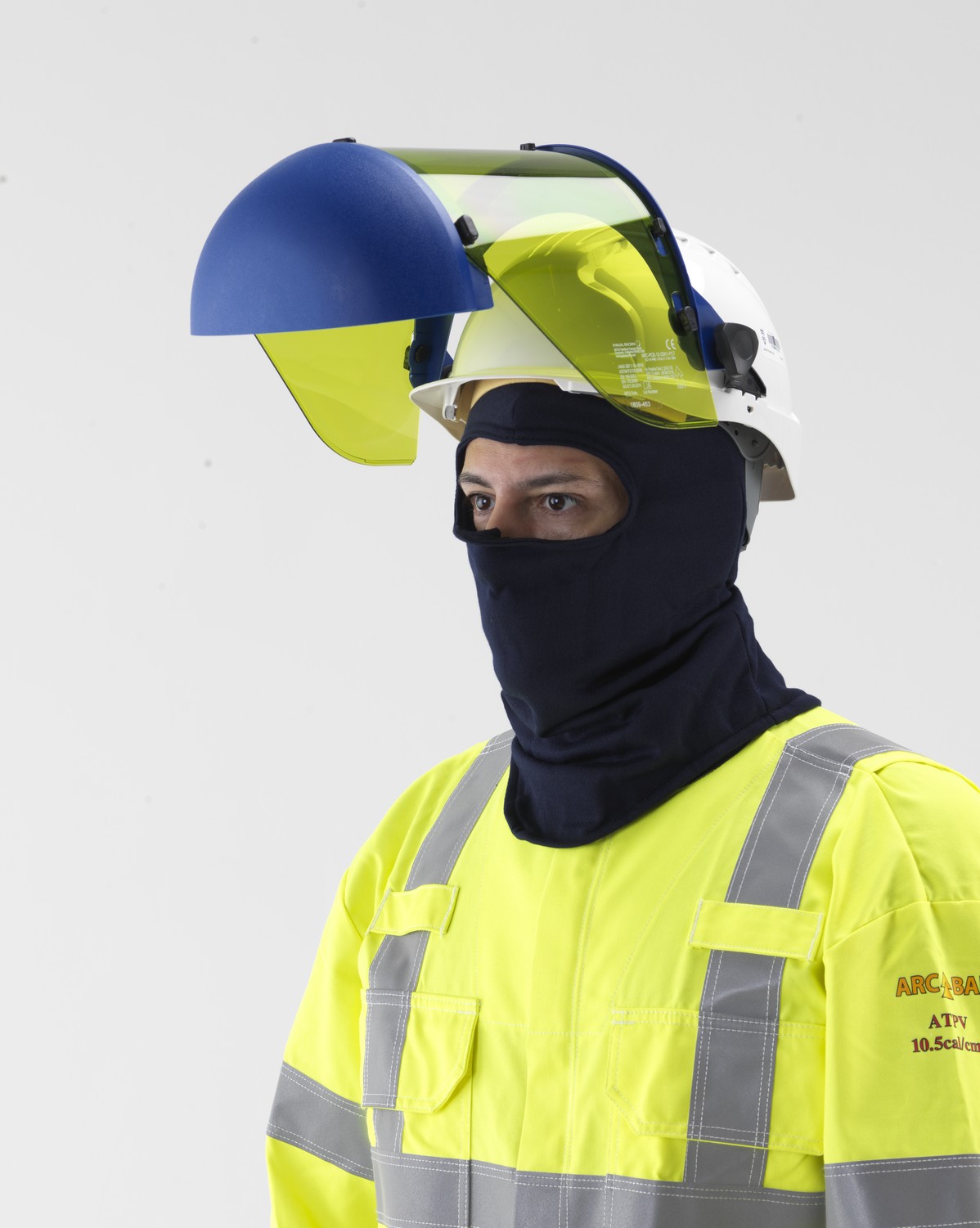 man wearing Paulson Arc Flash Protective Faceshield up