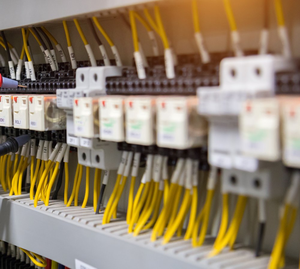 Electricians hands testing current electric in control panel.